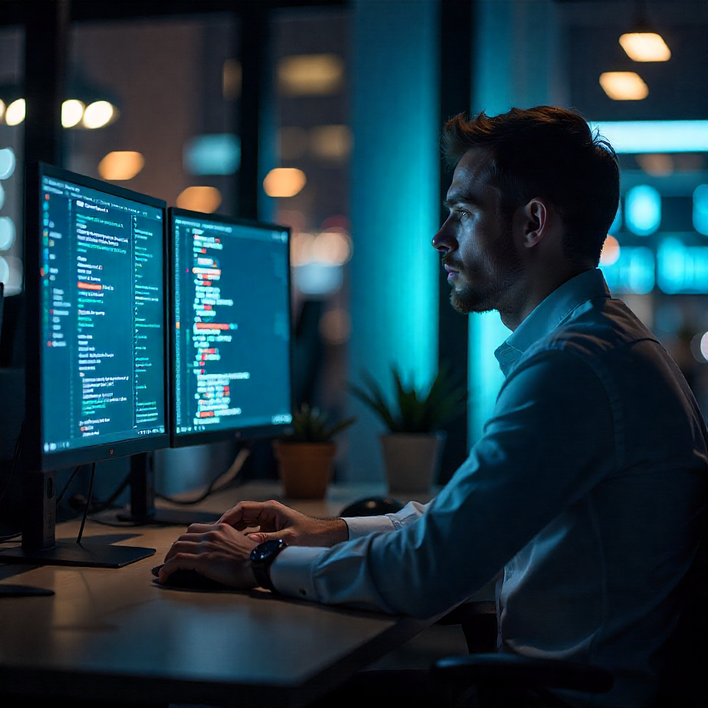 Illustration showing a professional working on multiple computer screens representing how to become an IT specialist
